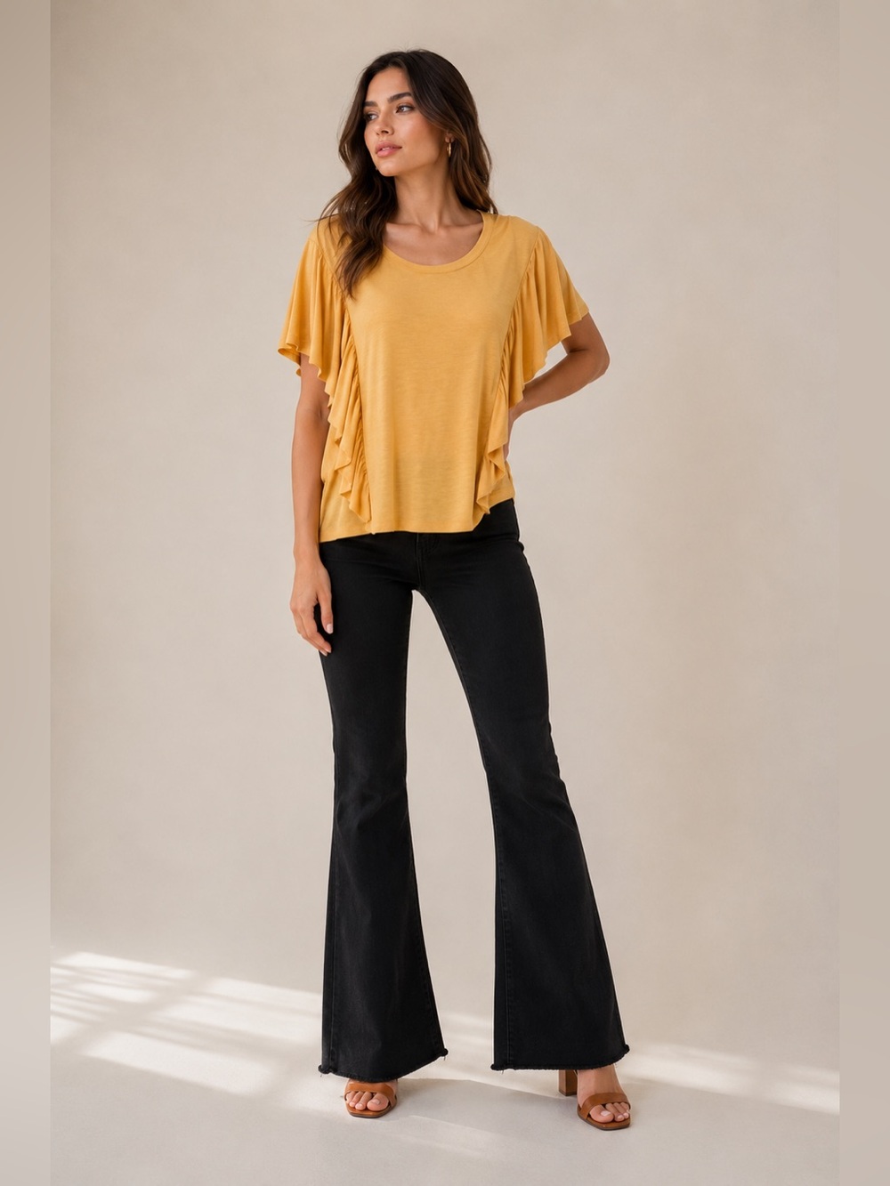 💛 Wild Pearl Burnout Ruffle Sleeve Tee Top NWT Size S